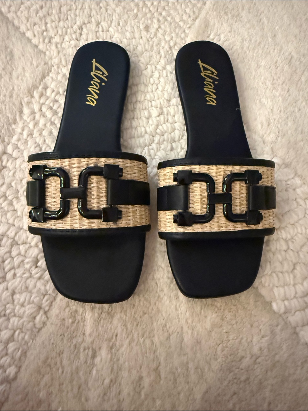 Liliana Black and Natural Woven Slide Mules